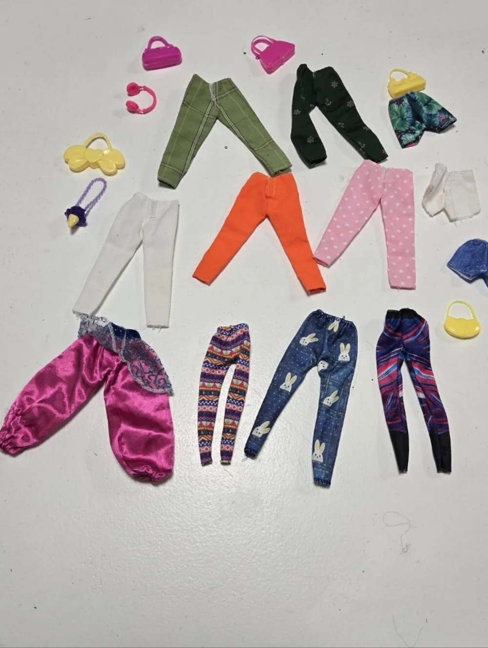 Barbie Doll Clothes 6 pants, 3 leggings, 3 shorts, 6 purses, 1 headphones